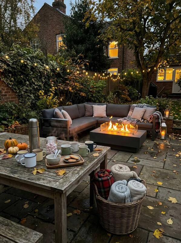 A Fire Pit Table with a Sofa – cosy patio idea for UK gardens