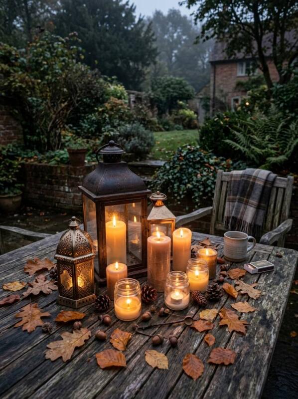 Lanterns and Candles on the Table – cosy patio idea for UK gardens