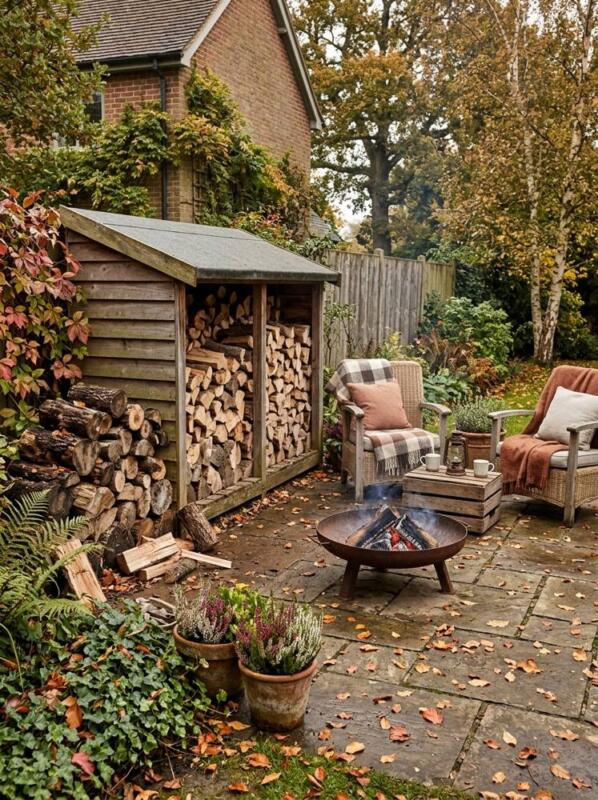 A Log Store and Fire Pit Seating Area – cosy patio idea for UK gardens