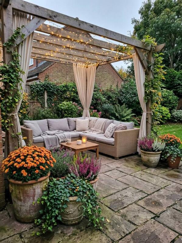 A Pergola with Curtains and Fairy Lights – cosy patio idea for UK gardens