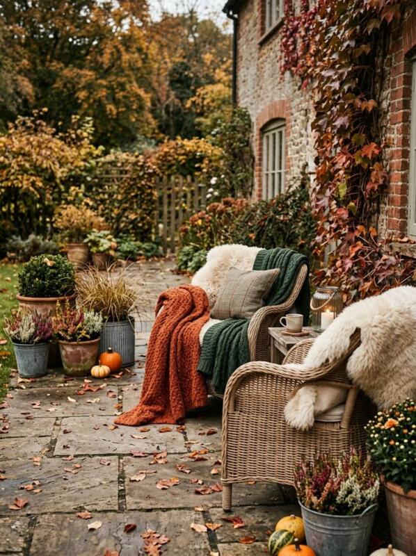 Sheepskin Throws on Rattan Chairs – cosy patio idea for UK gardens