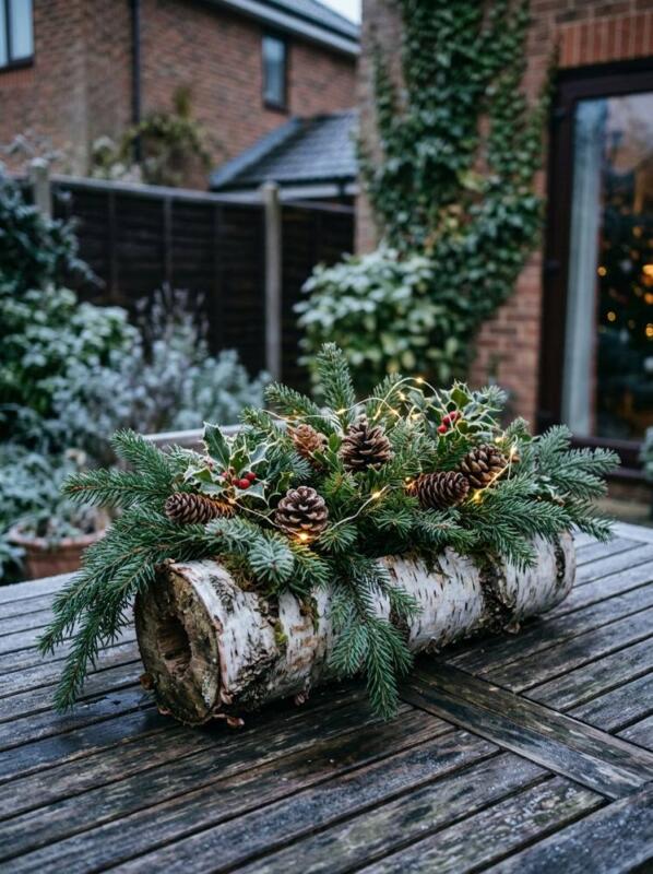 A Birch Log Planter with Fir and Cones – Christmas planter idea for UK homes