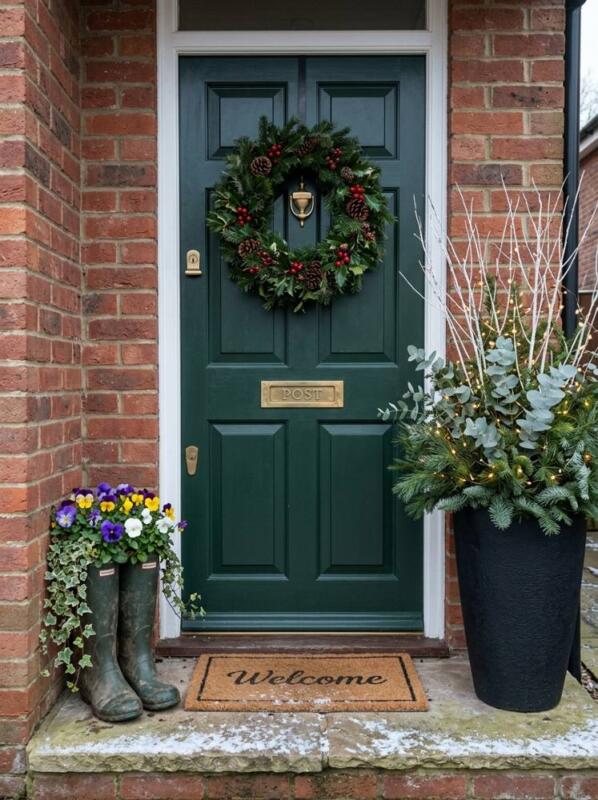 A Black Planter with Eucalyptus and White Twigs – Christmas planter idea for UK homes