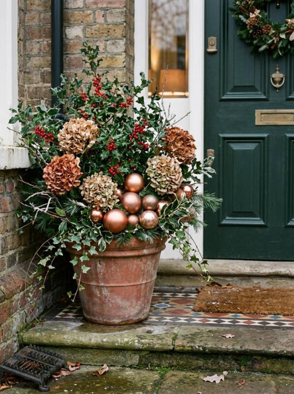 Copper Baubles, Holly and Dried Hydrangea – Christmas planter idea for UK homes