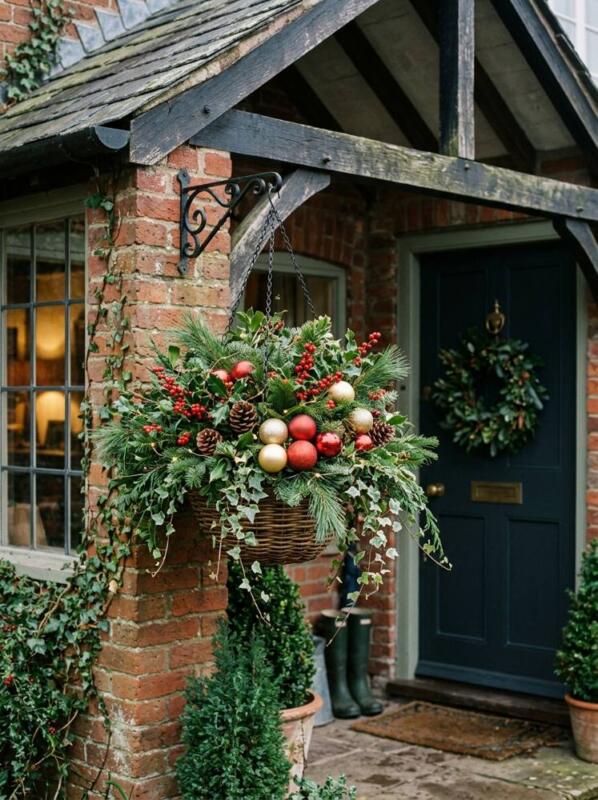 A Hanging Basket of Greenery and Baubles – Christmas planter idea for UK homes