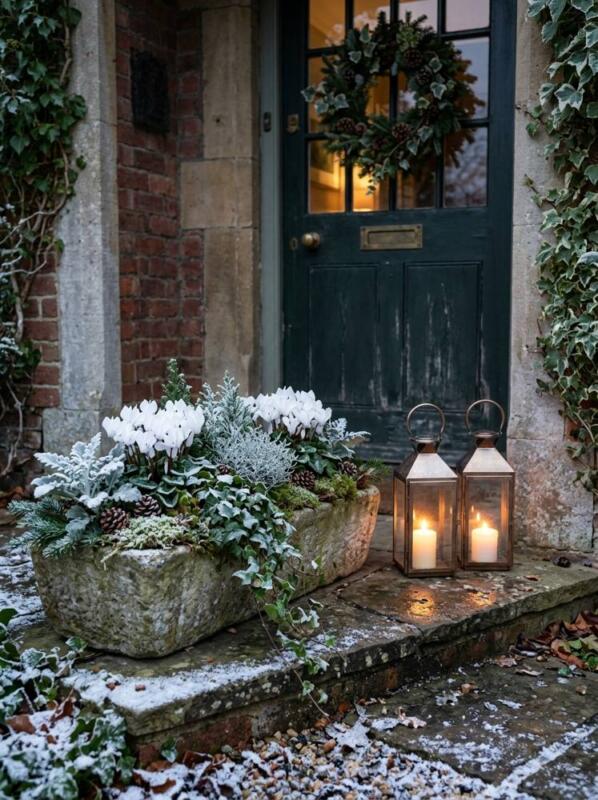A Stone Trough with Lanterns – Christmas planter idea for UK homes