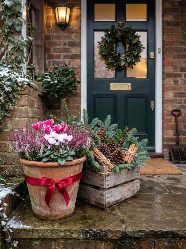 A Wooden Crate with Cones and Cinnamon – Christmas planter idea for UK homes