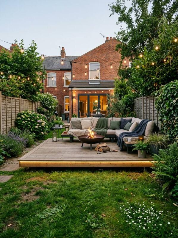 A Floating Deck with a Fire Pit – garden decking idea for UK gardens