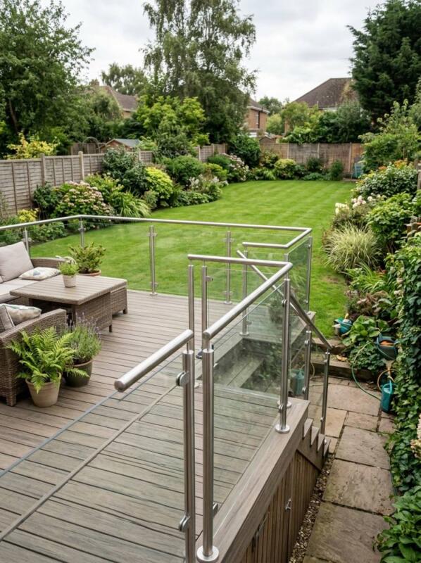 A Glass Balustrade over the Lawn – garden decking idea for UK gardens