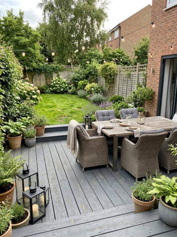 Grey Painted Decking and Lanterns – garden decking idea for UK gardens