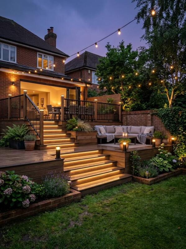 A Multi-Level Deck with Lit Steps – garden decking idea for UK gardens