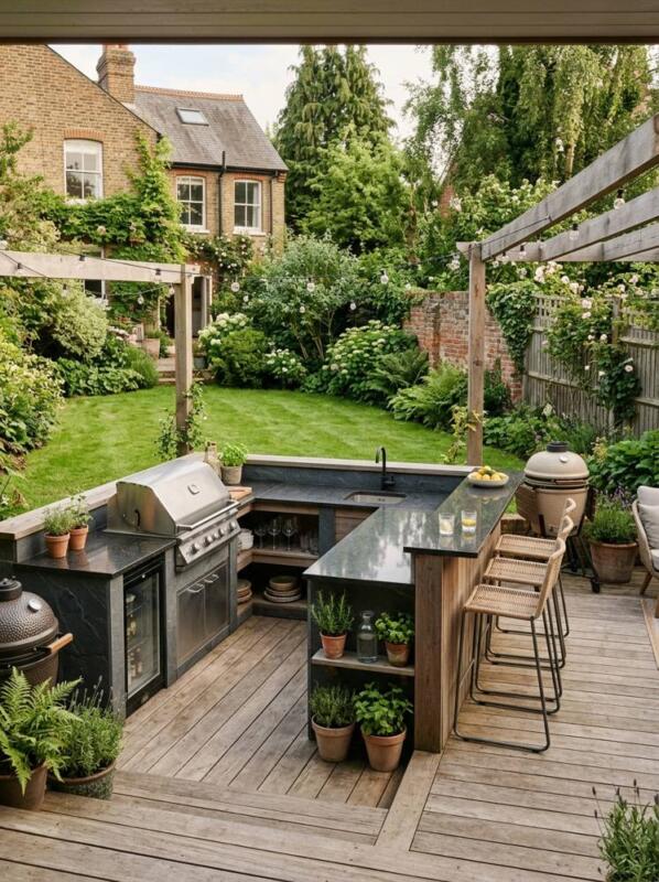 Decking with an Outdoor Kitchen – garden decking idea for UK gardens