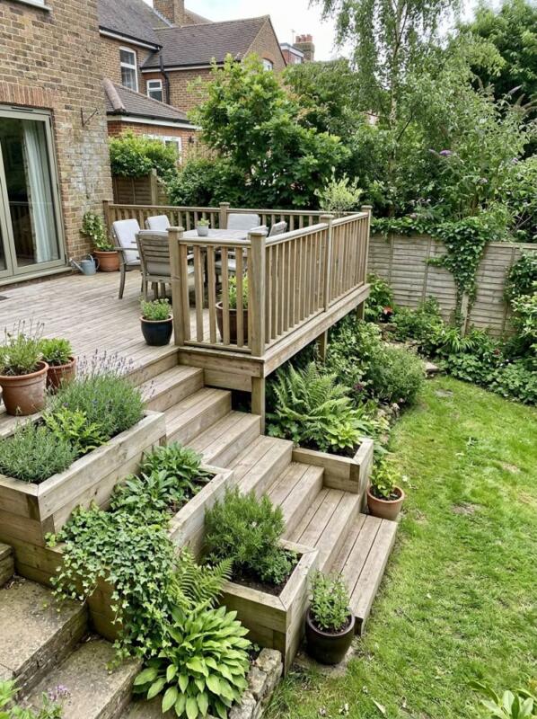 Raised Decking with Planted Steps – garden decking idea for UK gardens