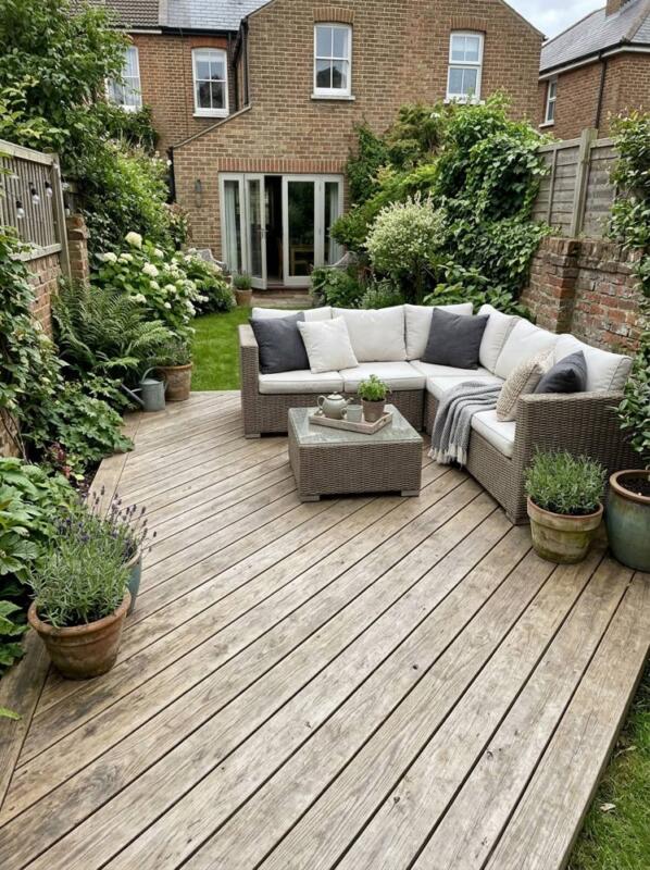 Wide Boards and a Rattan Sofa – garden decking idea for UK gardens