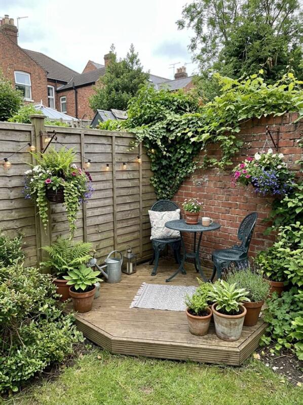 A Small Corner Deck with a Bistro Set – garden decking idea for UK gardens