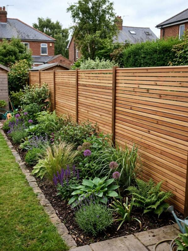 Modern Horizontal Cedar Slats – garden fence idea for UK gardens