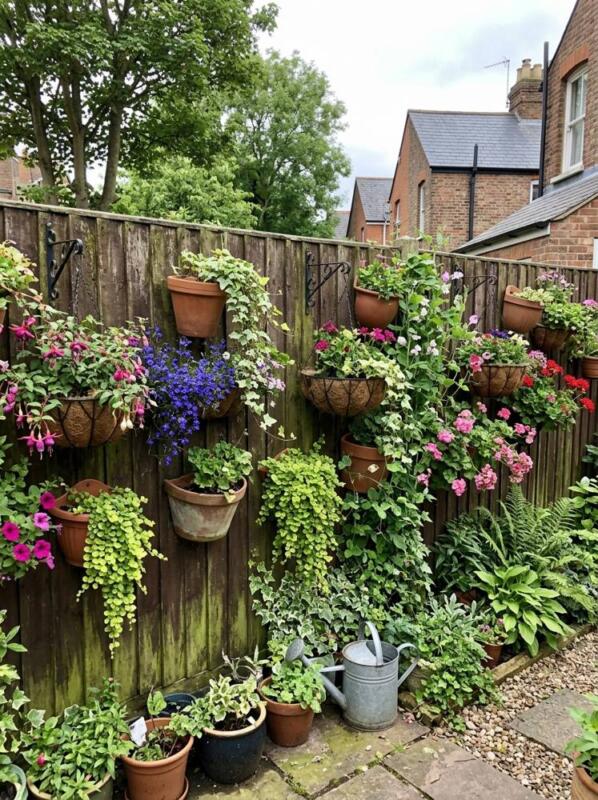 A Fence Covered in Hanging Pots – garden fence idea for UK gardens