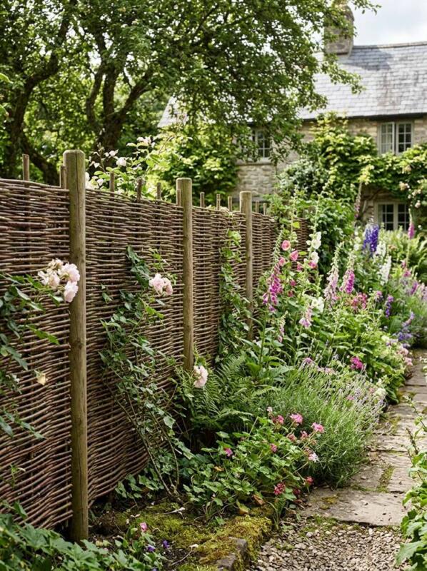 Hazel Panels in a Cottage Border – garden fence idea for UK gardens