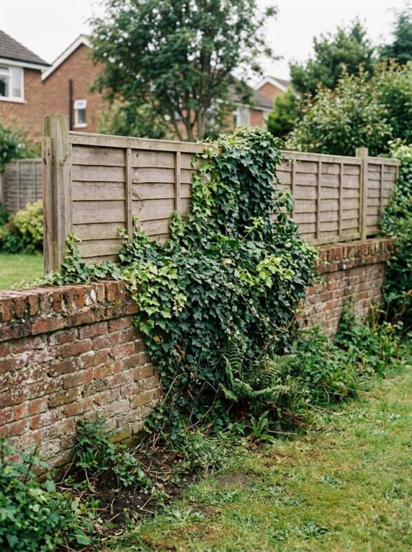 A Low Brick Wall Topped with Timber and Ivy – garden fence idea for UK gardens