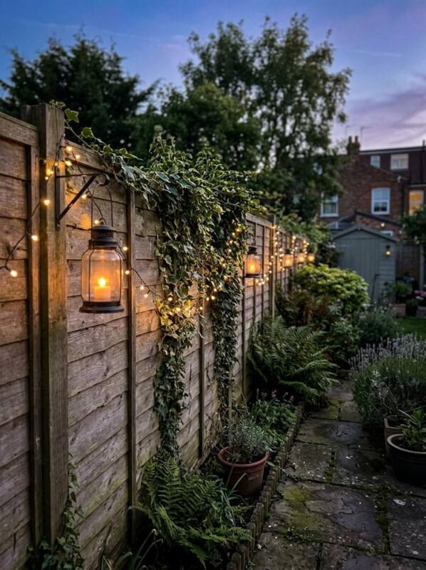 Lanterns and Fairy Lights on a Wooden Fence – garden fence idea for UK gardens