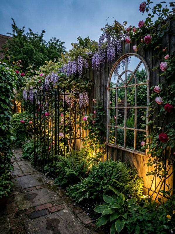 A Mirror, Wisteria and Warm Uplighting – garden fence idea for UK gardens