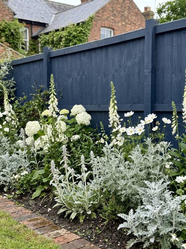 A Navy Fence with White Flowers and Silver Foliage – garden fence idea for UK gardens