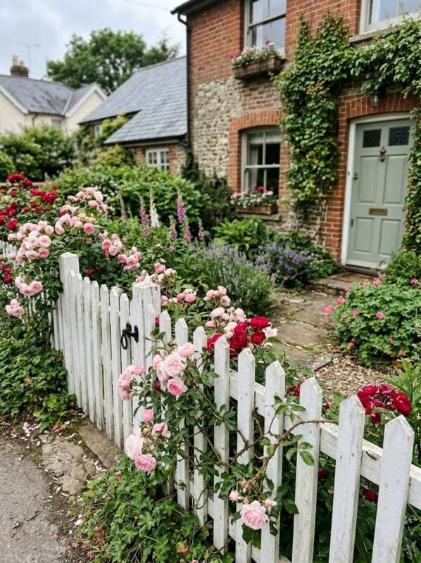 A White Picket Fence with Climbing Roses – garden fence idea for UK gardens