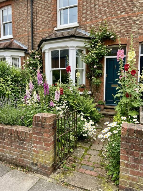 Cottage Planting with Foxgloves and Hollyhocks – small front garden idea for UK terraced houses