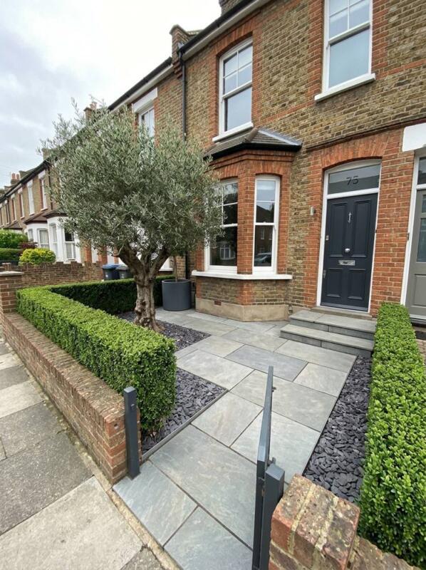 Modern Paving with an Olive Tree and Clipped Hedge – small front garden idea for UK terraced houses