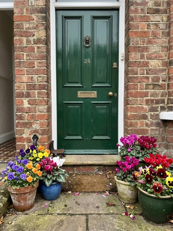 Colourful Pots by the Front Door – small front garden idea for UK terraced houses