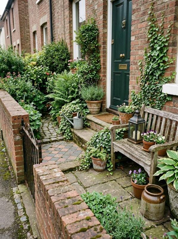A Little Bench, Lantern and Pots – small front garden idea for UK terraced houses