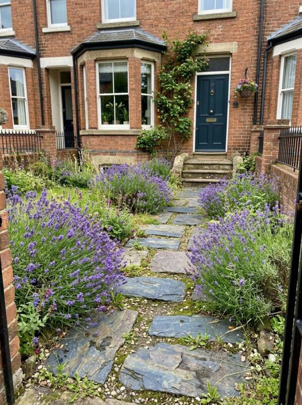 Slate Stepping Stones with Lavender Borders – small front garden idea for UK terraced houses