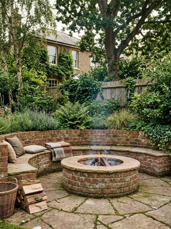 A Brick Fire Pit with a Curved Seating Wall – fire pit and seating idea for UK gardens