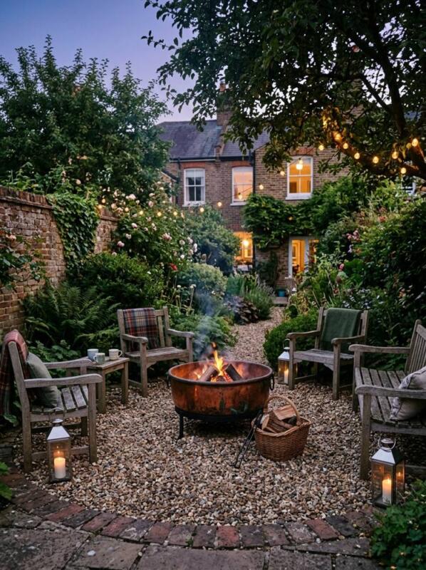 A Copper Fire Bowl on Gravel – fire pit and seating idea for UK gardens