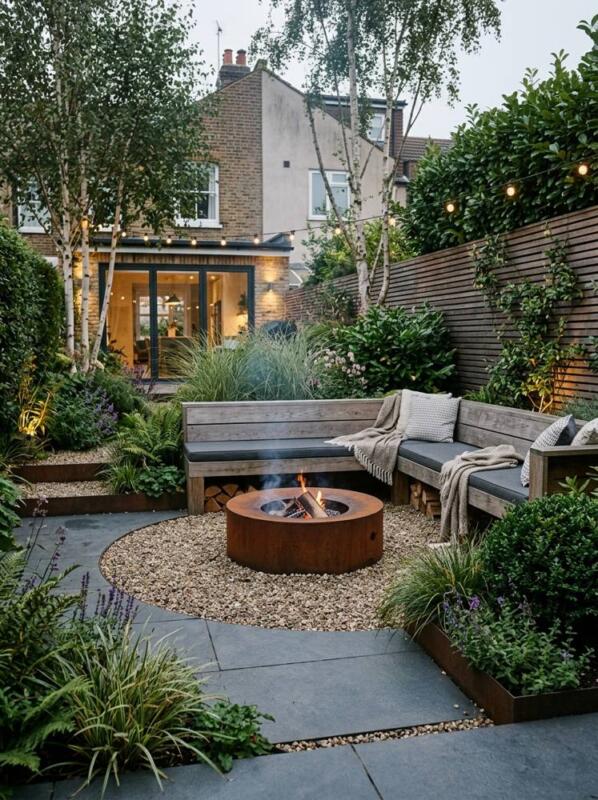 A Corten Steel Fire Pit with Wooden Benches – fire pit and seating idea for UK gardens