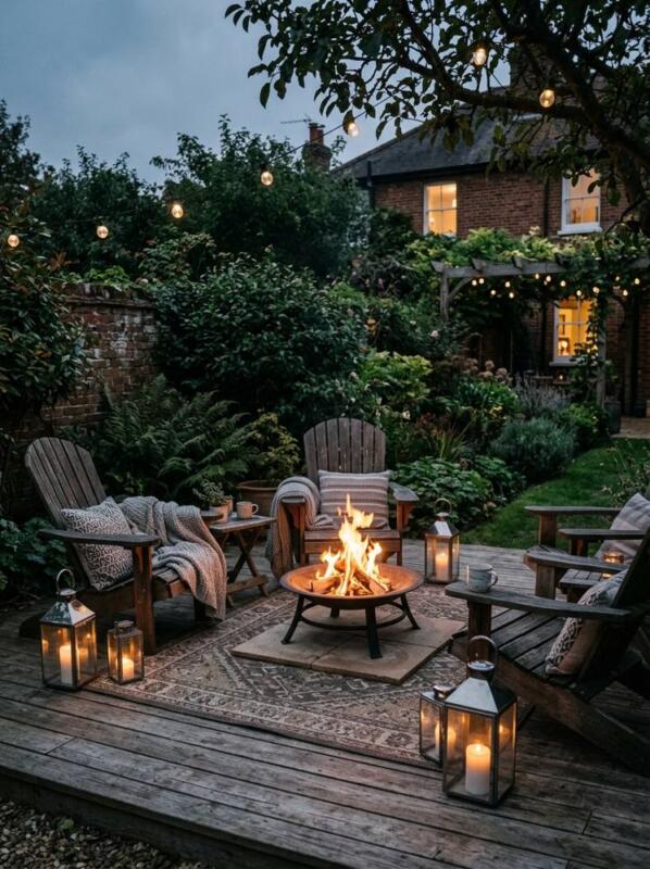 A Rug and Lanterns around the Fire – fire pit and seating idea for UK gardens