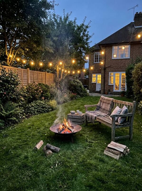 A Fire Pit with String Lights and a Bench – fire pit and seating idea for UK gardens
