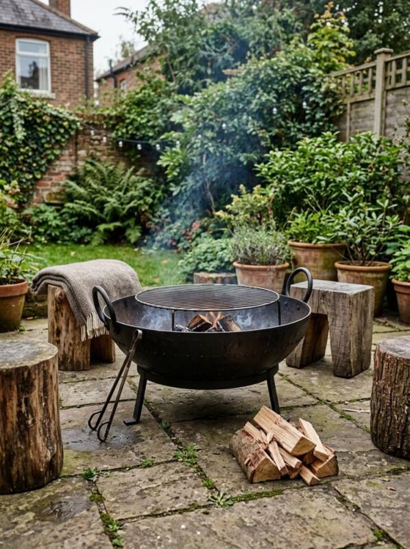 A Kadai Fire Bowl with a Grill – fire pit and seating idea for UK gardens