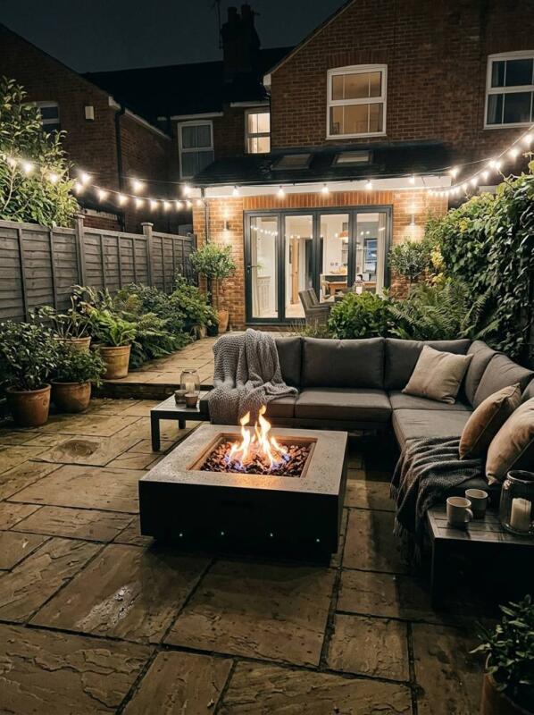 A Modern Square Fire Pit with a Sofa – fire pit and seating idea for UK gardens