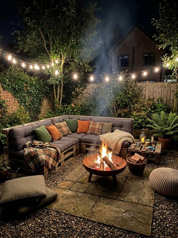 A Cosy Sofa and Cushions at Night – fire pit and seating idea for UK gardens