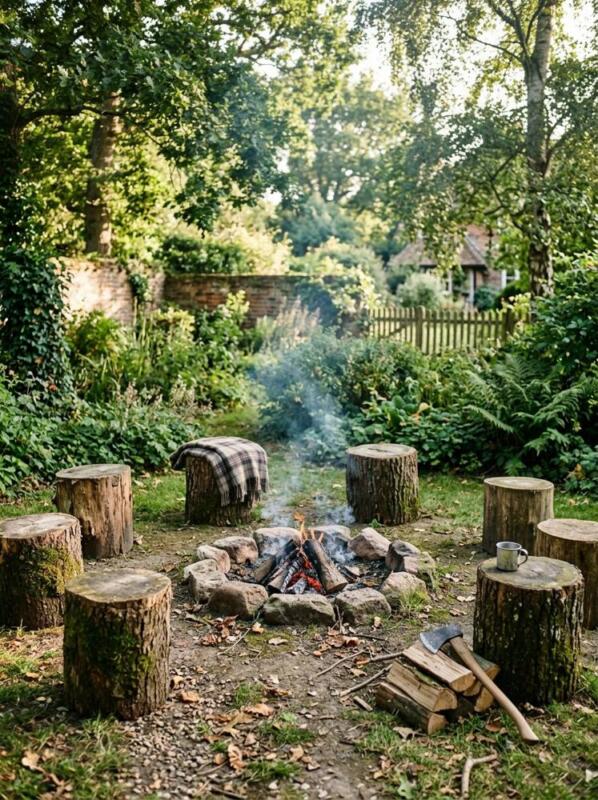 Tree Stump Seats around a Campfire – fire pit and seating idea for UK gardens