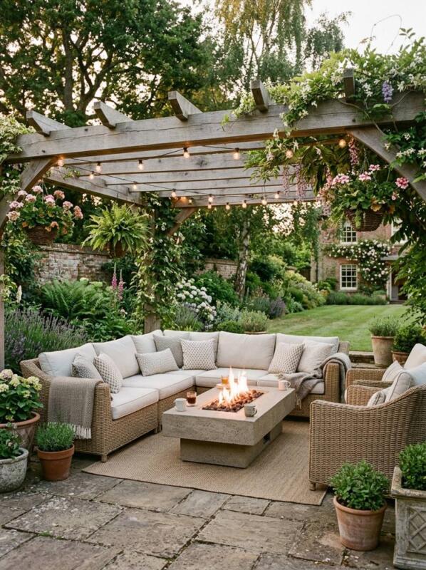 Wicker Sofas around a Fire Table – fire pit and seating idea for UK gardens