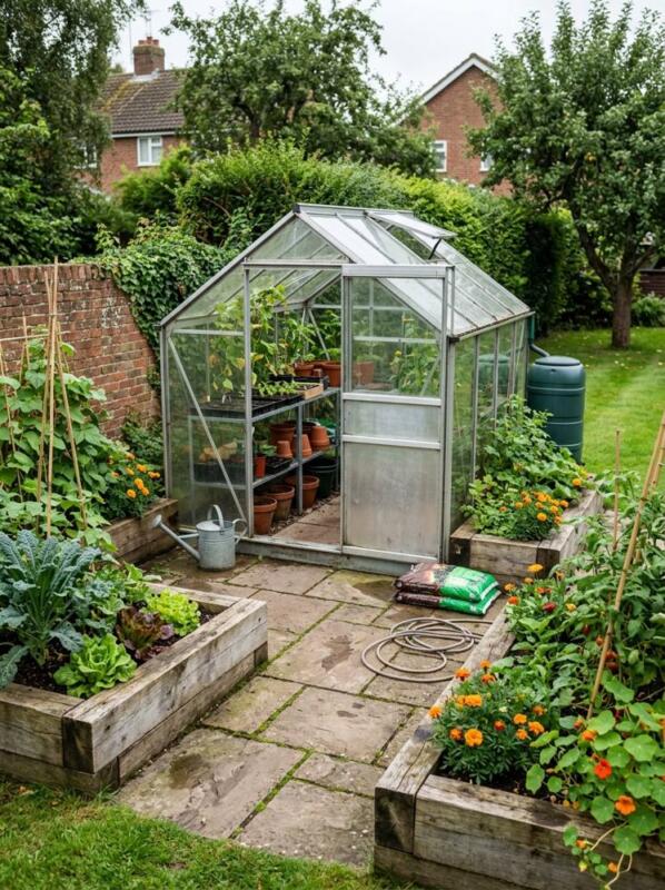 An Aluminium Greenhouse beside Raised Beds – greenhouse idea for UK gardens