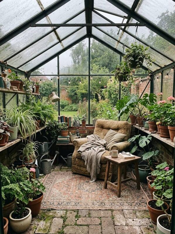A Cosy Greenhouse Room with an Armchair – greenhouse idea for UK gardens