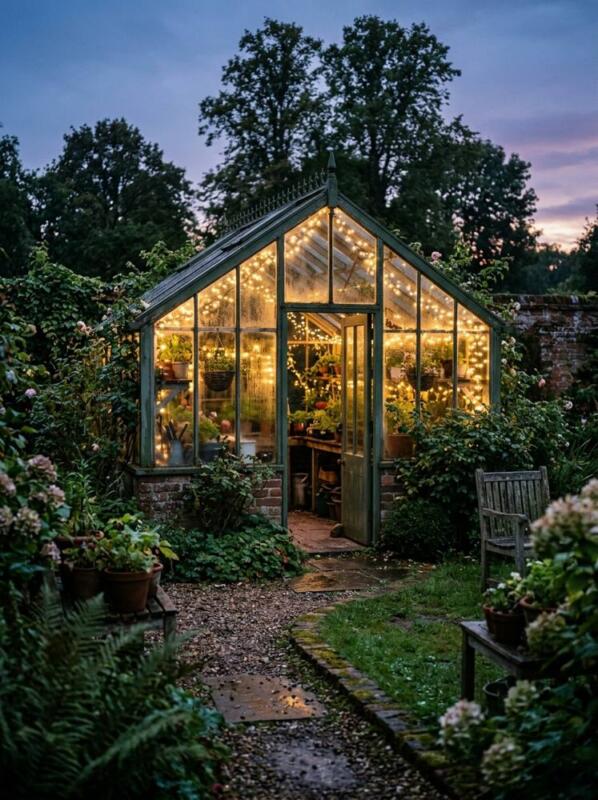 Fairy Lights Inside at Dusk – greenhouse idea for UK gardens