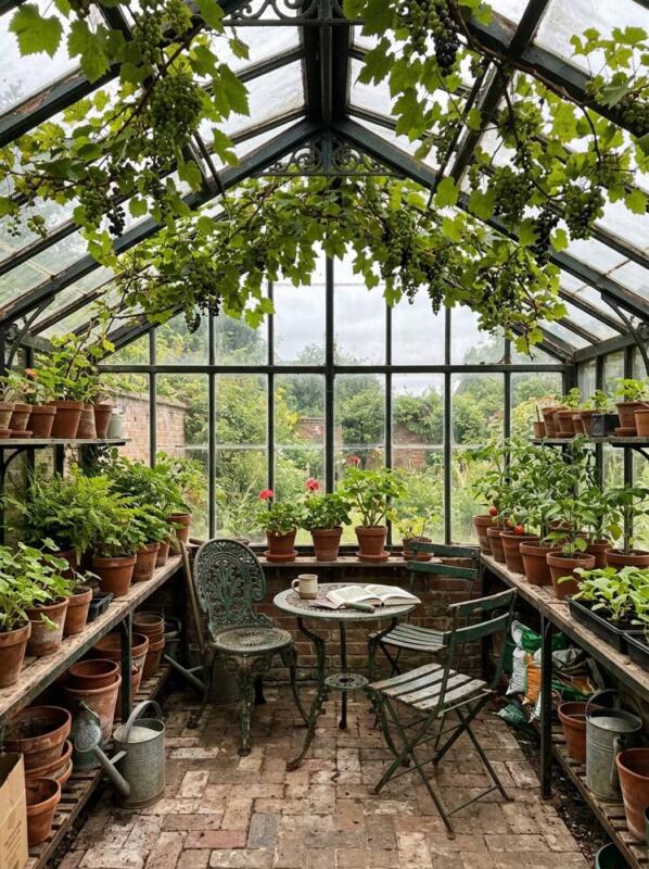 A Grapevine Roof and Bistro Seating – greenhouse idea for UK gardens