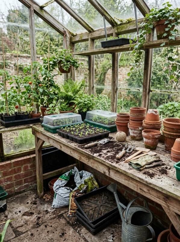 A Potting Bench and Terracotta Pots – greenhouse idea for UK gardens