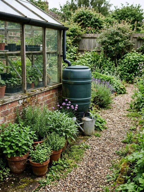 A Water Butt, Gravel Path and Herbs – greenhouse idea for UK gardens