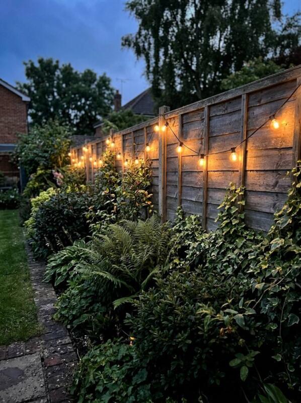 Globe Lights along a Fence – garden lighting idea for UK gardens