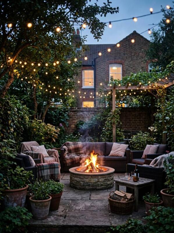 A Fire Pit with String Lights Overhead – garden lighting idea for UK gardens